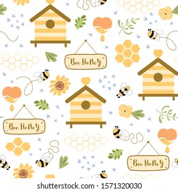 Bee honey seamless pattern Honey yellow template Beehive background Honey beehouse Beekeeping illustration