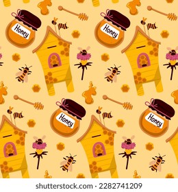 Bee honey seamless pattern Honey yellow template With a jar of honey, bees, and a hive. Cute hand drawn sweet natural honey background templates. Vector illustration.