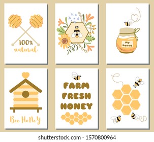 Bee honey set Cute card templates Honey jar, floral bee honeycomb, text, hive, honey spoon banner. Organic collection. Hand drawn yellow illustrations. Vector. Phrase Farm fresh honey.