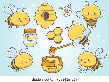 bee and honey bee set, flying bee, honey comb and bee elements