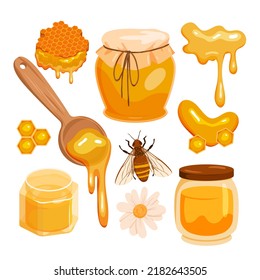 Bee Honey Set Vector Illustration. Cartoon Isolated Gold Drops Of Organic Sweet Liquid Flow From Hexagon Honeycomb And Spoon To Jar, Splash Of Healthy Natural Honey From Apiary, Honeybee And Flower