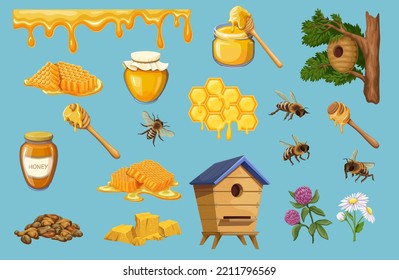 Bee honey set vector illustration. Glass jar with yellow nectar and spoon, liquid drops flow and melt. Cartoon honeycomb and honeybee insects, isolated wooden house and hive on tree.