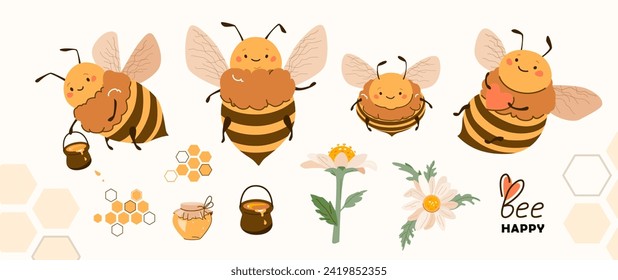 Ilustración vectorial del conjunto de miel de abeja. El personaje de la abeja de dibujos animados lindo aislado de fondo blanco. Un insecto divertido y feliz sonriente sosteniendo miel, corazón. Dibujo plano positivo diseño moderno para dulces orgánicos.