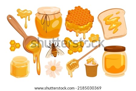 Bee honey set vector illustration. Cartoon isolated sweet beekeeping farm food products collection with honeycomb, glass jar and spoon with yellow liquid, bread and cake with honey, honeybee insect