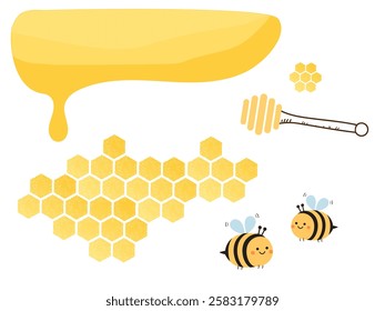 Bee honey sign with bee cartoons, honey stick and drop isolated on white background vector.