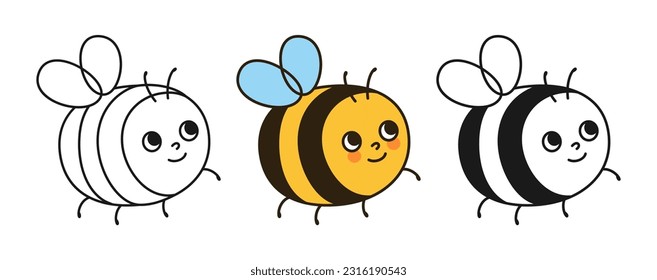 Bee honey smiley insect characters cartoon set. Comics childish honeybee characters with humorous happy face. Cute summer symbol line doodle design collection, retro caricature simple kawaii vector
