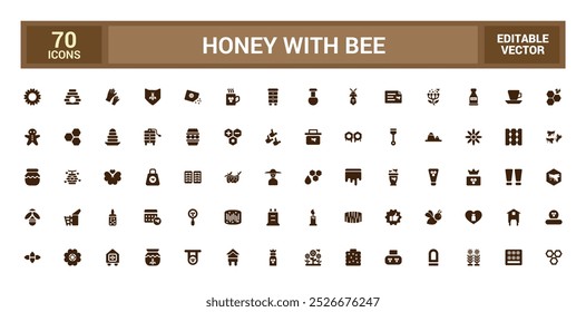 Conjunto de iconos sólidos de abeja y miel, colección de iconos rellenos para Web y ui, Conjuntos planos de símbolos, abeja, colmena, peine de miel, miel, colmena, frasco, cucharas, flor y más, signo editable y perfecto de píxeles.