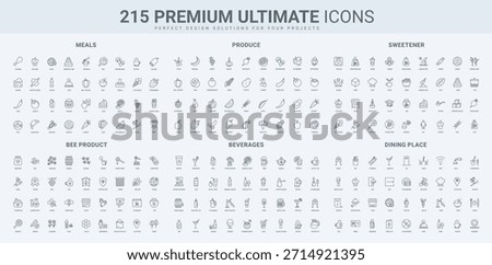 Bee honey, sugar and sweetener, vegetable and fruit line icon set. Drinks for alcohol party, food for breakfast, lunch and dinner in restaurant or at home thin black outline symbol vector illustration