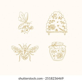 Bee honey symbols drawing in natural village floral style on beige background