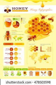 Bee Honey Template Infographics. Vitamin, Mineral Diagram, Honeybee Logo, World Map, Food Cartoon Icon - Flowers, Honeycomb, Beehive, Color Background. Modern Elegant Beekeeping Vector Illustration