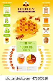 Bee Honey Template Infographics. Vitamin, Mineral Diagram, Honeybee Logo, World Map, Food Cartoon Icon - Flowers, Honeycomb, Beehive, Color Background. Modern Elegant Beekeeping Vector Illustration