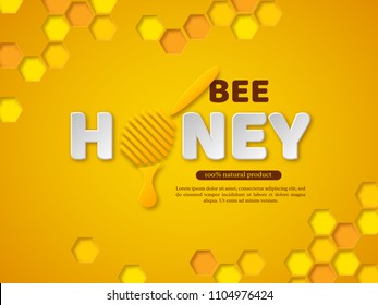 Bee honey typographic design. 3d paper cut style letters, comb and dipper. Template design for beekeeping and honey product. Yellow background, vector illustration.