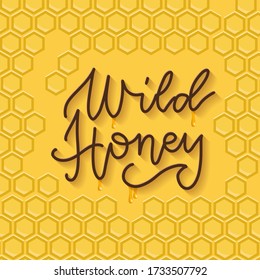 Bee honey typographic design. Linear trendy lettering with comb pattern. Template design for beekeeping and honey product. Yellow background, flat vector illustration