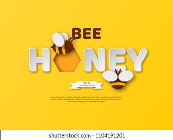 Bee honey typographic design. Paper cut style letters, comb and bee. Template design for beekeeping and honey product. Yellow background, vector illustration.