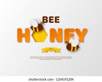 Bee honey typographic design. Paper cut style letters, comb and bee. White background, vector illustration.