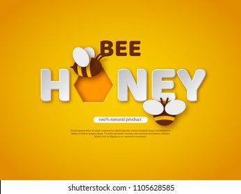 Bee honey typographic design. Paper cut style letters, comb and bee. Template design for beekeeping and honey product. Yellow background, vector illustration.