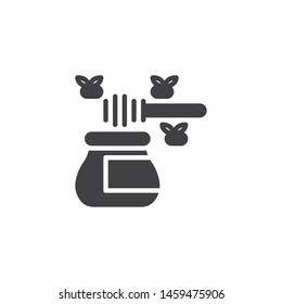 Bee honey vector icon. filled flat sign for mobile concept and web design. Honey jar with spoon and honeybee glyph icon. Symbol, logo illustration. Vector graphics