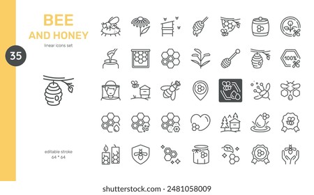 Conjunto de iconos vectoriales de abeja y miel. Herramientas de apicultura, producción de miel, especies de abejas, panales de abejas, flores, colmenas y más. Colección lineal editable.