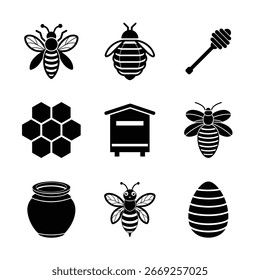 Conjunto de iconos de vector de abeja y miel. Colmena, panal, tarro de miel, abejas y símbolos de apiario