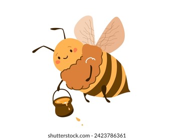 Bee honey vector illustration. Cute cartoon bee character isolated on white background. Fun and happy smiling insect holding honey pot. Positive flat cartoon modern design for organic sweets.