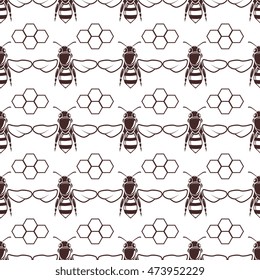 Bee and honey vector seamless background in brown over white illustration