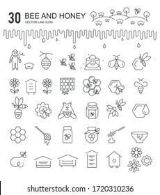 Bee and honey vector thinline icons set
