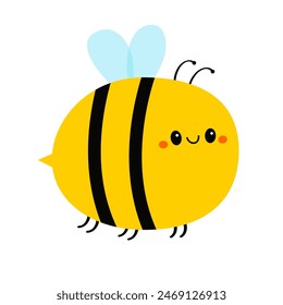 Abeja icono de abeja. Insecto abejorro volador amarillo negro. Lindo personaje de dibujos animados kawaii bebé divertido. Impresión de etiqueta engomada de tarjeta. Estilo infantil. Feliz Día de San Valentín. Diseño plano. Fondo blanco. Vector