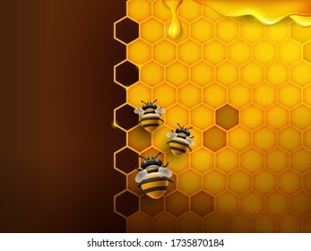 Bee and honeycomb background in orange color