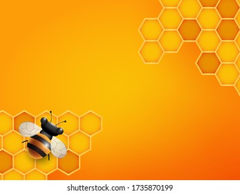 Bee and honeycomb background in orange color