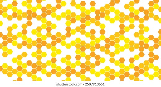 Bee honeycomb banner template with yellow and orange hexagonal cells. Vector honey texture background