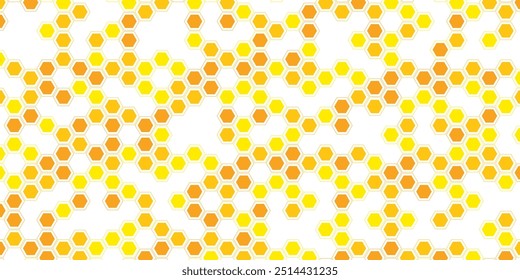 Bee honeycomb banner template with yellow and orange hexagonal cells. Vector honey texture background