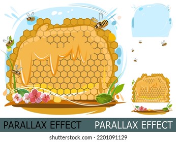 Bienenwabenkamm. Bienen sammeln Nektar, holen Honig, setzen es in Wachzellen. Einziger Gegenstand auf weißem Hintergrund. Schnupfen von Honig. Bild von Schichten für Overlay mit Parallaxeffekt. Blumen Sommer. Vektorgrafik.