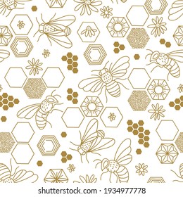 Bee Honeycomb Daisy line art vector seamless pattern. Honeybee floral doodle ornament illustration. Hand drawn linear neutral one colour apiculture backdrop print.