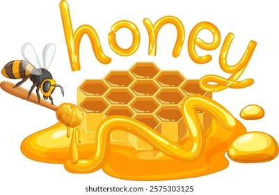 A bee with honeycomb and dripping honey