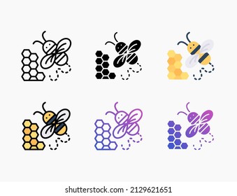 Bee honeycomb fly icon set with line, outline, flat, filled, glyph, color, gradient. Editable stroke and pixel perfect. Can be used for digital product, presentation, print design and more.