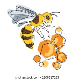 Bee with honeycomb hand drawn vector illustration.Linear Honeycomb Logotype template. Minimal simple organic product concept.Honey bee doodle drawing