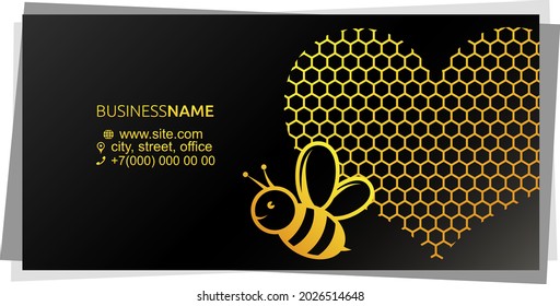 Bee and honeycomb heart, golden business card concept