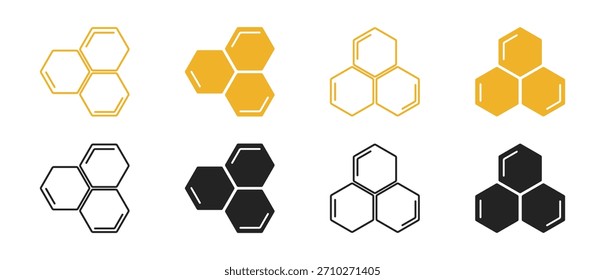 Conjunto de iconos de hexágono de panal de abeja sobre fondo transparente: símbolos geométricos de colmena de insectos para diseño de Naturaleza y Tecnología