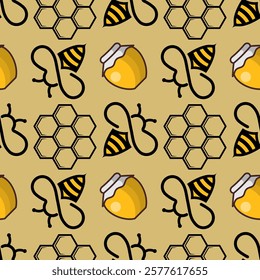 Bee, Honeycomb and Honey pot seamless pattern. Vector illustration