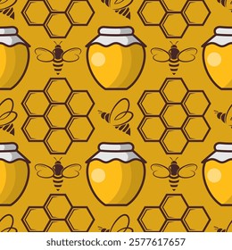 Bee, Honeycomb and Honey pot seamless pattern. Vector illustration