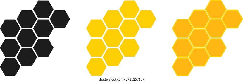 Conjunto de iconos de abeja y panal. Patrón de hexágono e interfaz de Organización estructural