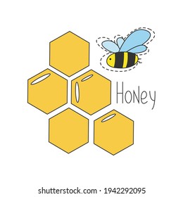 Bee and honeycomb with the inscription Honey isolated on a white background. Beautiful bee life concept for printing, packaging, nectar, honey, textiles and other purposes. Vector illustration
