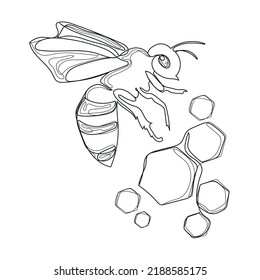 Abeja con logotipo de dibujo de línea de honeycomb, plantilla de diseño de iconos,ilustración vectorial abstracta.Dibujo en blanco y negro de línea de insectos de abeja.Diseño dibujado a mano para emblema, impresión y otros
