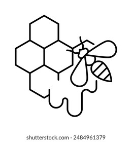 Bee and honeycomb, line icon. Linear illustration, editable strokes, minimalist symbol. Honey production, beekeeping, apiculture.