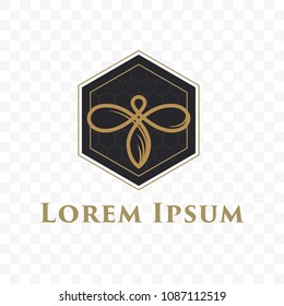 Bee in honeycomb logo for honey or beekeeping product label design. Vector isolated line golden icon of bee
