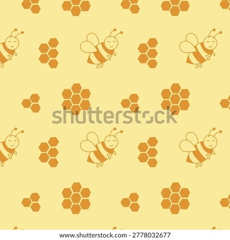 Bee and honeycomb seamless pattern on yellow background. Hand drawn honey repeating rapport for wrapping paper and wallpaper. Eco friendly reusable food wraps beeswax. Zero waste reusable food storage