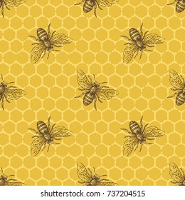 Bee and honeycomb seamless vector pattern. Hand drawn engraving style illustration.