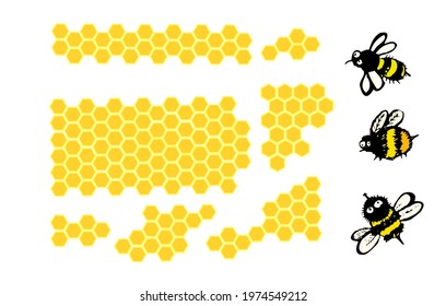 Bee honeycomb set of elements. Cute funny cartoon bees . Vector illustration