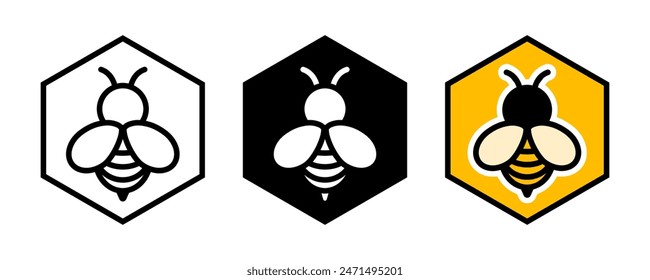 Bee at the honeycomb vector illustration. Bee icon. Honey symbol. Honeycomb sign. Hexagon hive logo. Apiculture beehive sign. Bumblebee pictogram isolated.