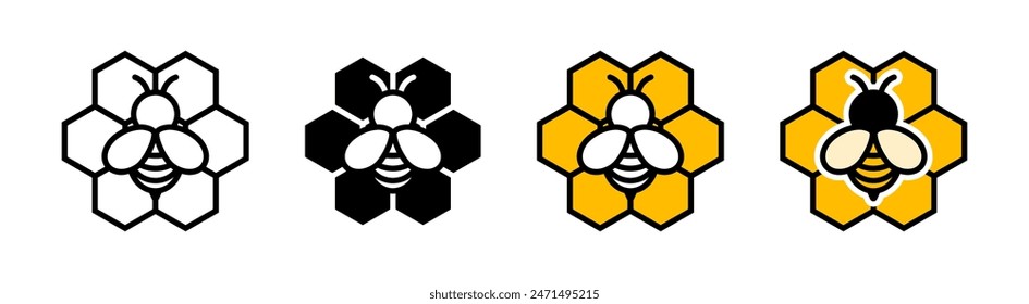 Bee at the honeycomb vector illustration. Bee icon. Honey symbol. Honeycomb sign. Hive logo. Apiculture beehive sign. Bumblebee pictogram isolated.